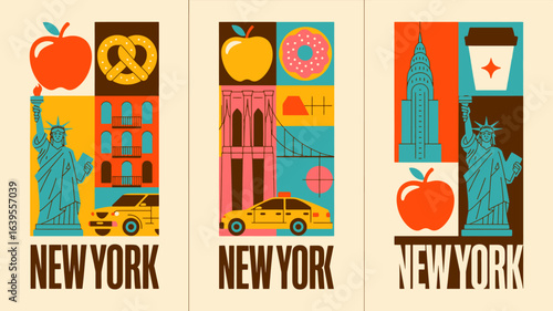 Vibrant New York City collage captures iconic landmarks, food, and transport in a stylish, modern artistic representation for travel enthusiasts