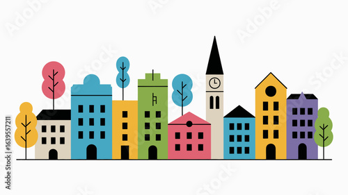 Vibrant collection of colorful, modern city buildings and trees creates a cheerful urban landscape perfect for design projects