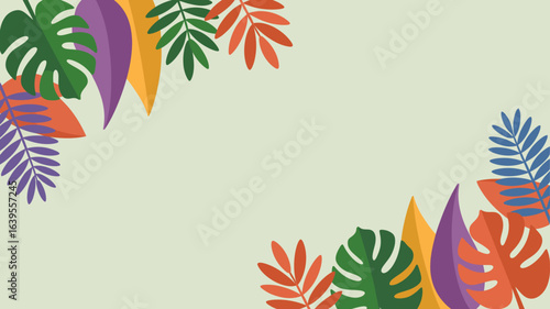 Vibrant tropical leaves frame a serene, light green space perfect for summer promotions, invitations, or natural themes.