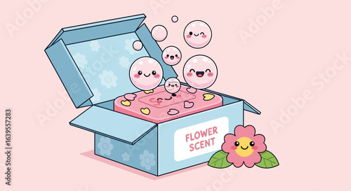 Kawaii Floral Soap Box with Smiling Bubbles and Heart-Stamped Bar