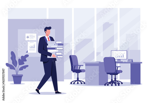 A professional business builder in a modern corporate office, a dedicated manager carrying a stack of files for a new project