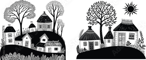 Whimsical village landscape, hand-drawn countryside houses, folk art illustration, black and white rural scene, fairy tale style design