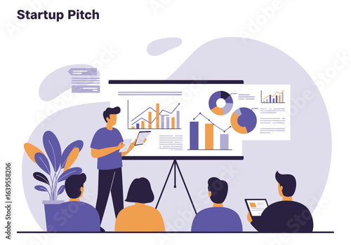 A businessman presents data graphs to a group of attentive listeners during a startup pitch meeting.