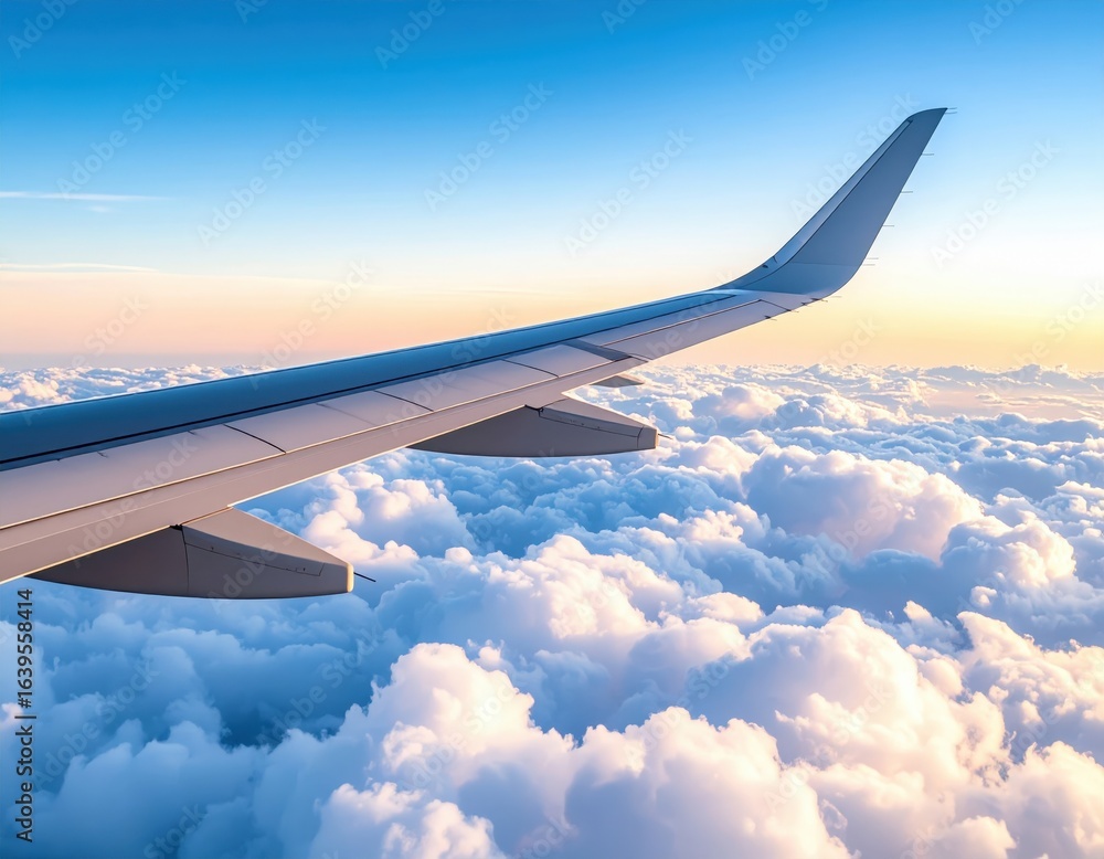 Fototapeta premium Airplane Wing Over Fluffy Clouds At Sunrise