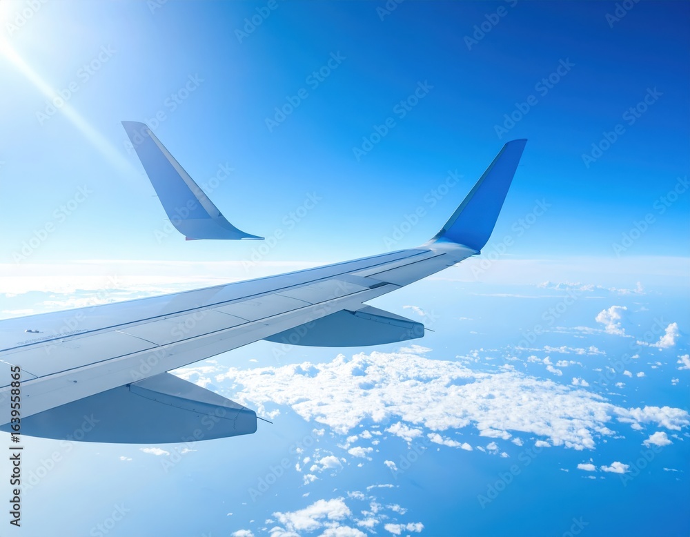 Obraz premium Airplane Wings Above Clouds At High Altitude