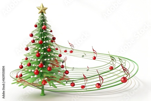 Christmas tree decorated with red balls, lights and a golden star, surrounded by music notes isolated on white background for festive holiday celebration