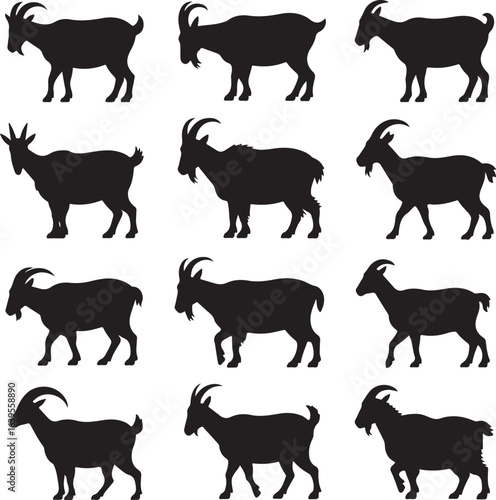 Twelve Black Silhouettes of Goats in Various Poses on White animal farm