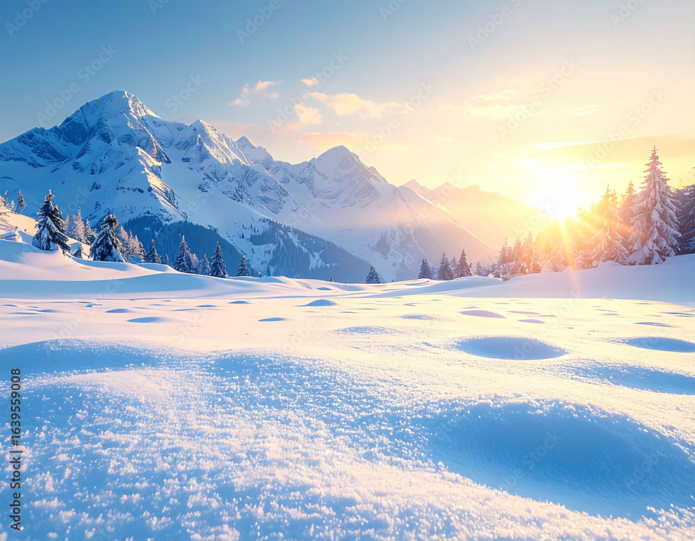 Snowy Plains and Sunrise over Mountains Snowy Plains and Sunrise over Mountains
