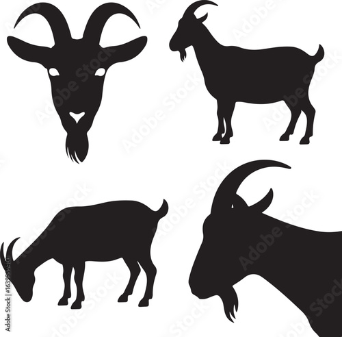 Four Black Silhouettes of Goats Including Head and Full Body Poses animal farm