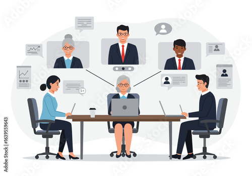 A professional team builder leading a hybrid business meeting with remote colleagues, an illustration of corporate collaboration and strategy