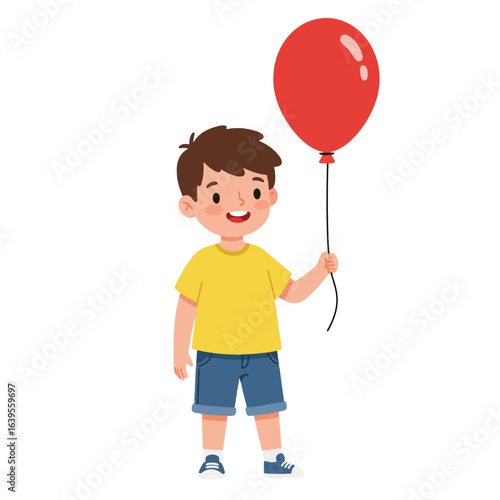 Smiling boy holding a red balloon, cartoon style illustration.