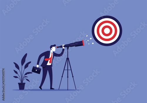 Visionary business builder aiming for a target with a telescope, representing corporate strategy, goal setting, and future success