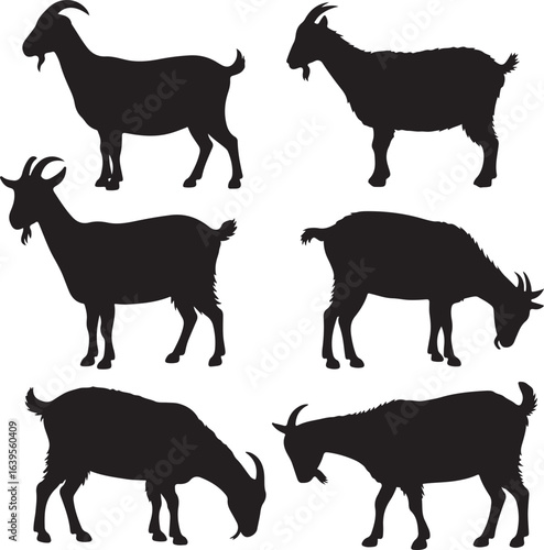 Six Black Goat Silhouettes Standing and Grazing on White Background Keywords: goat, silhouette