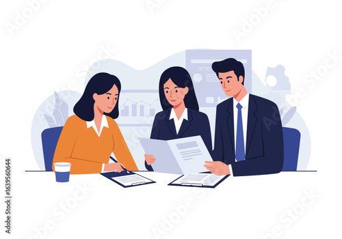 A professional team of business builders collaborating in a corporate meeting, analyzing project documents for future growth.