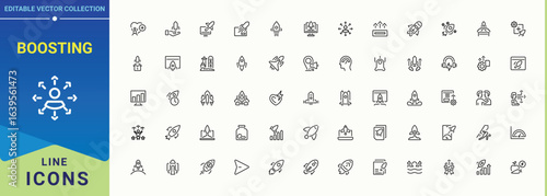 Boosting line icon set. Icons for UI design. Marketing icon collection. Contains such icons as marketing, promotion, advertising, brand promotion, special deals, sales promotion and more.