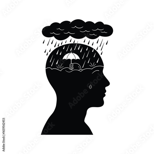 Mental health inner strength resilience overcoming adversity rain umbrella storm head silhouette graphic illustration emotional wellbeing