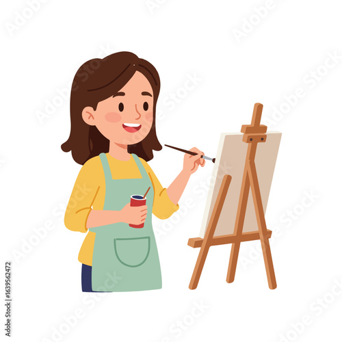 A smiling woman is painting on a canvas with a brush, holding a paint container.