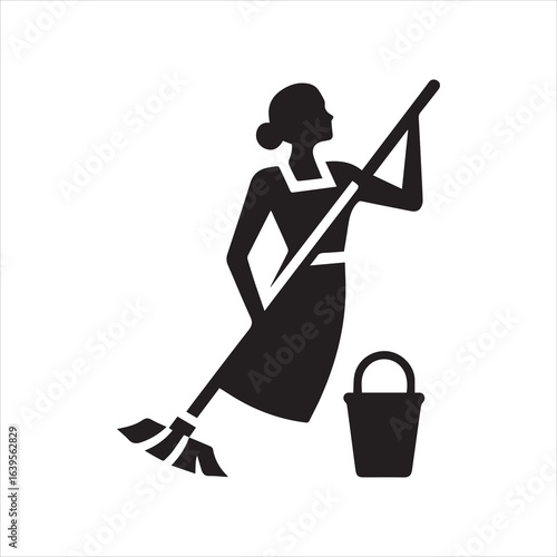 Silhouette of a Cleaning Lady with Mop and Bucket Symbolizing Cleanliness.