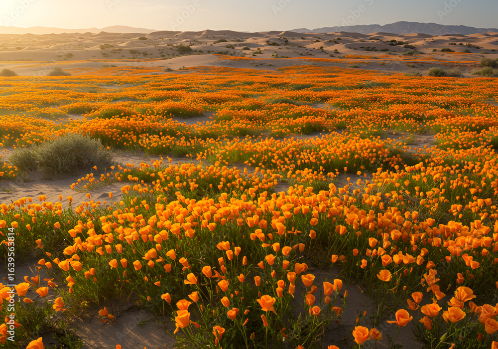 Fototapeta premium Orange Desert Wildflowers Blooming After Rainfall in Arid Landscape