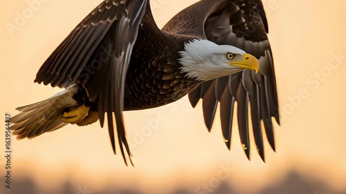 Bald Eagle Soaring In Flight With Open Wings At Sunset Wildlife Photography Against Vibrant Warm Sky Freedom Concept