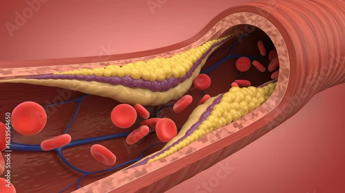 Blood Vessel with Plaque Buildup Showing Red Blood Cells and Narrowed Artery in Atherosclerosis on a Red Background