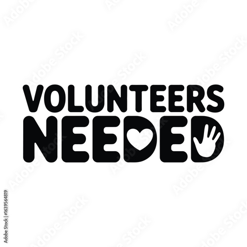 Volunteers needed with heart and hand icons