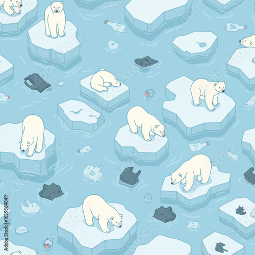 Cartoon illustration depicting polar bears on melting ice floes amidst plastic pollution in the ocean.