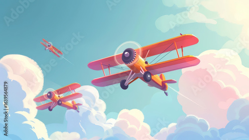 Cute cartoon propeller airplanes with colorful sky backgrounds
