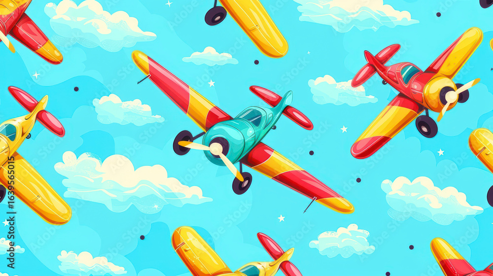 Naklejka premium Cute cartoon propeller airplanes with colorful sky backgrounds