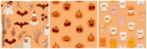 Set of three orange seamless Halloween patterns. Festive autumn wallpaper. Funny ghosts, sweets, bats folk illustration. Cartoon children's style.
