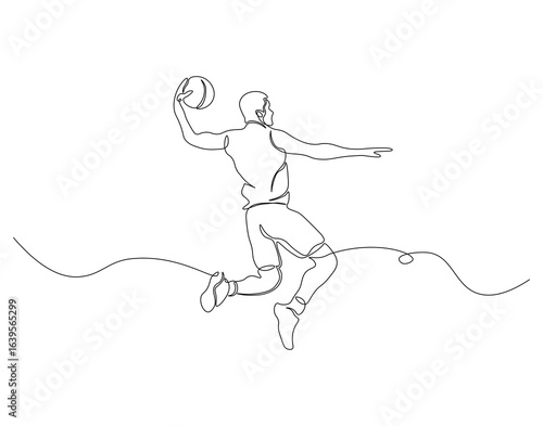 Basketball dunk continuous line. Continuous one line drawing of basketball player jumps high to score with slam dunk. Basketball man action concept. Single line drawing