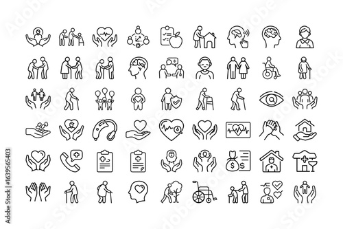 Elderly Care Vector Icon Set. Includes senior care, healthcare, assistance, elderly people, health support, caregiving, medical services, and more. Editable stroke. Vector illustration.