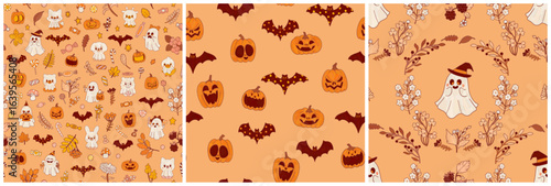 Set of three orange seamless Halloween patterns. Festive autumn wallpaper. Funny ghosts, sweets, bats folk illustration. Cartoon children's style.
