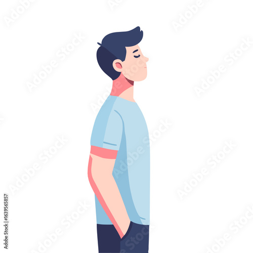 cartoon character of a man facing sideways with hand in pocket on white background