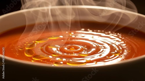 Close Up Of Tomato Soup In White Bowl with Oil Drops and Steam Over A Dark Background