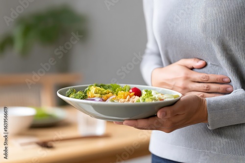 Stomachache digestion healthy food discomfort plate pain nutrition for wellness, vegetable meal, abdominal symptom, disease prevention, and dietary relief concepts at home