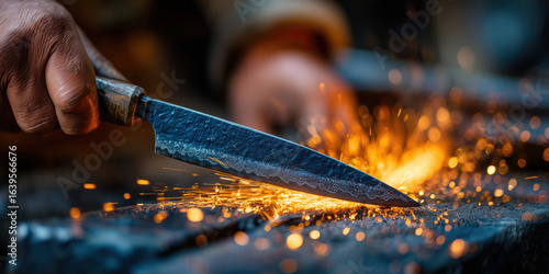 Blacksmith sharpening knife blade on grindstone, creating sparks