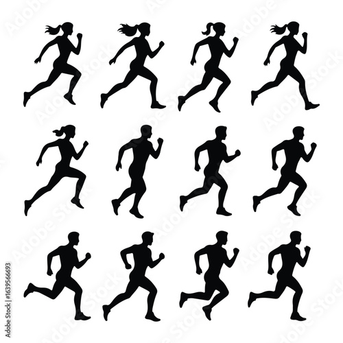 Male and female runners in motion running athletes
