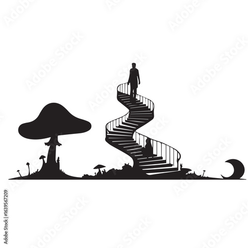 Silhouette of a woman climbing a spiral staircase next to a mushroom on a landscape with a moon, isolated on white background