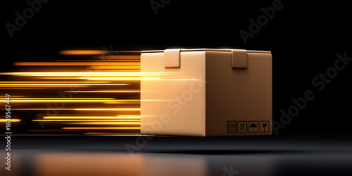 Cardboard box moving fast with motion blur effect on dark background