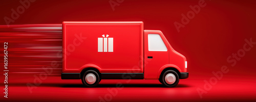 Red delivery van speeding with gift icon is delivering christmas presents