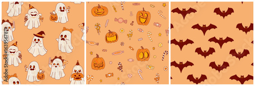 A collection of three festive Halloween patterns in a cute cartoon style and autumnal orange color palette. Pumpkins, ghosts, and sweets.
