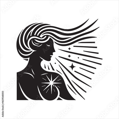 Silhouette of a Woman with Radiant Energy and Flowing Hair.