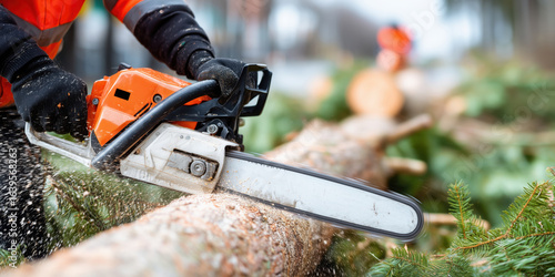 Obraz na płótnie Lumberjack cutting tree trunk with chainsaw in forest during forestry work