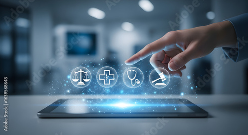 Person using tablet for Medical Law: malpractice, healthcare regulation, justice system, crime, litigation