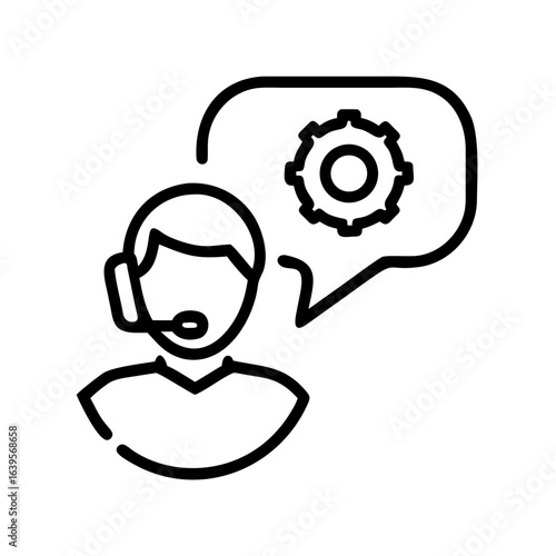 Line drawing of support agent with gear in speech bubble