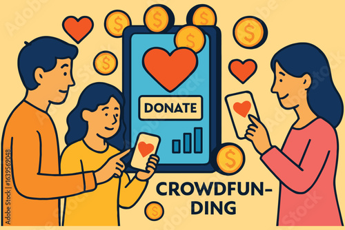 Family using smartphones to donate to crowdfunding campaign with digital hearts and coins
