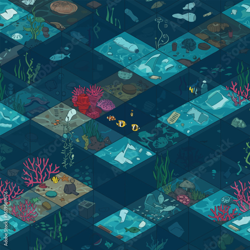 Isometric illustration of ocean life and plastic pollution, showcasing diverse marine species and debris within a repeating pattern.