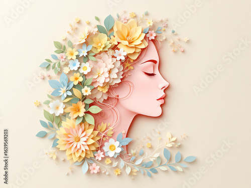 A woman’s profile adorned with delicate pastel flowers in a serene, artistic composition.