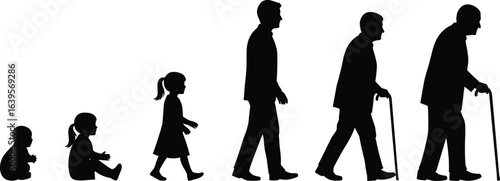 Human life cycle stages, silhouette illustration, aging process, growth and development, infant to elderly, life journey, evolution, timeline, aging, maturity